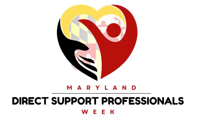 Logo for Maryland Direct Support Professionals Week featuring a heart with two stylized figures.