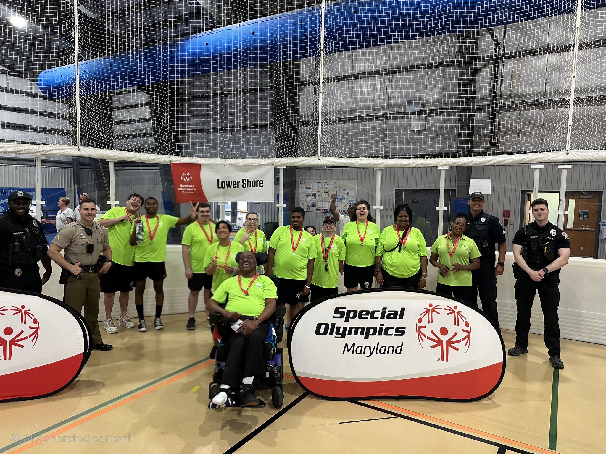 Special Olympics Maryland athletes and law enforcement in a gym.